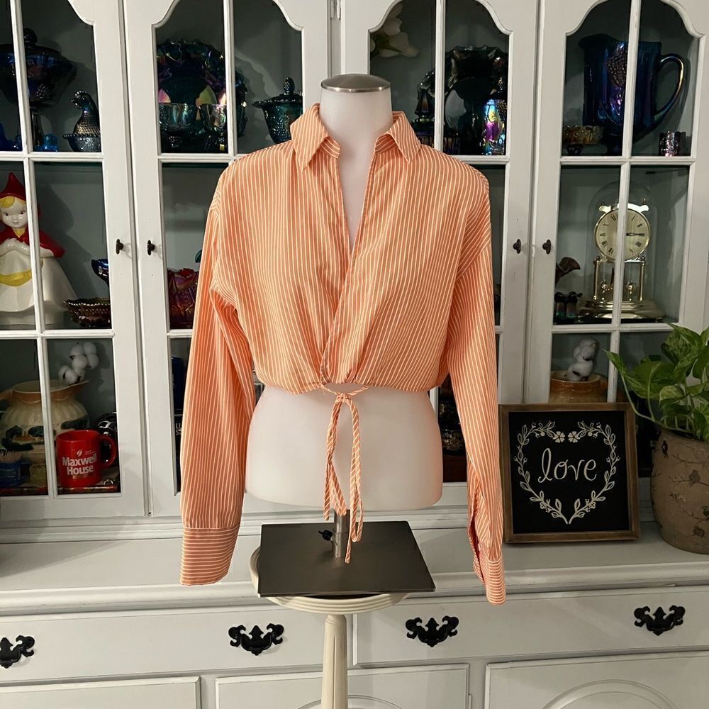 Cropped Blouse Orange & White Sz Small